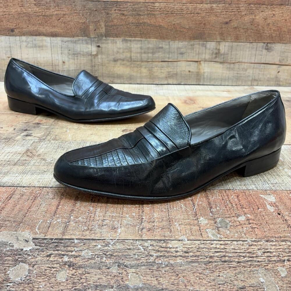 Florsheim 26015 Shoes Mens Size 10 D Black Leather Slip On Loafer Almond Toe vtg
